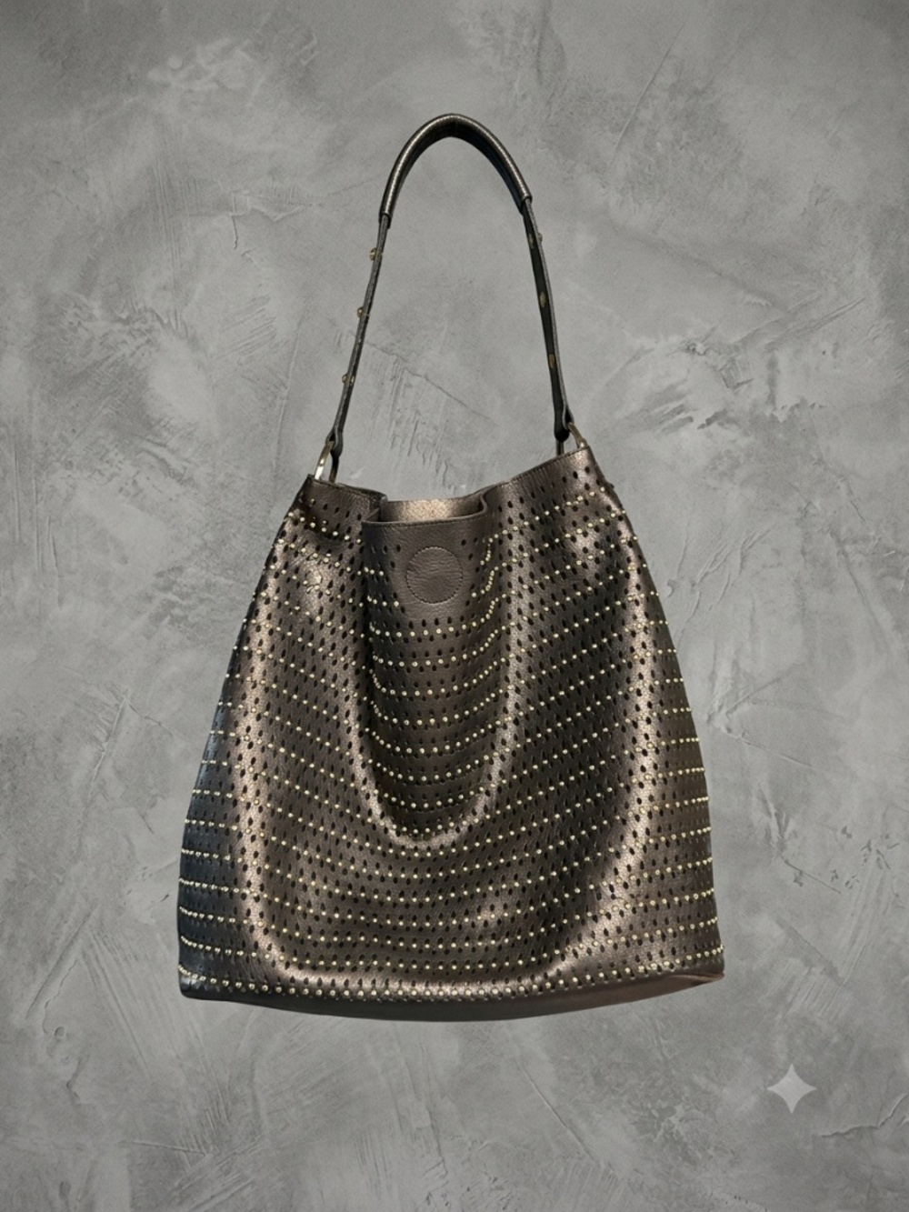 Nicole Miller Laser Cut Perforated Silver Metallic & Black Hobo Shoulder Bag